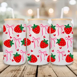 Strawberry Pattern Tumblers with Pink Ribbons and Hearts Design for Drinks and Beverages Cup Drinkware