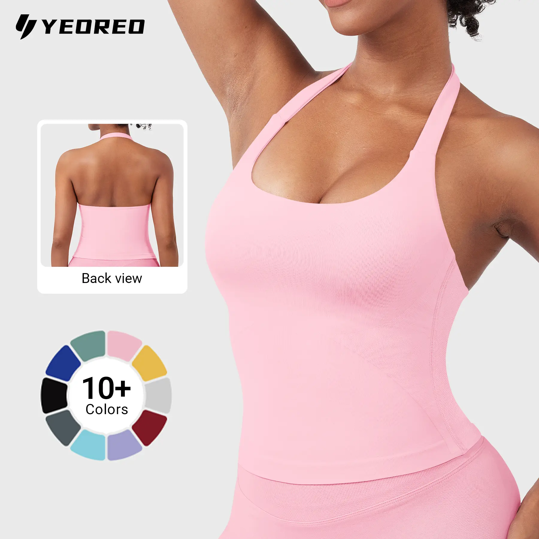YEOREO SoftHue Women's Impact Halter Tank Top Longline Backless Scoop Neck Built-in Bra Sports Workout Gym Crop Top summervibes Fitness Wear Sleeveless Activewear summerwins,travel essentials,camping essentials tiktokshopbacktoschool