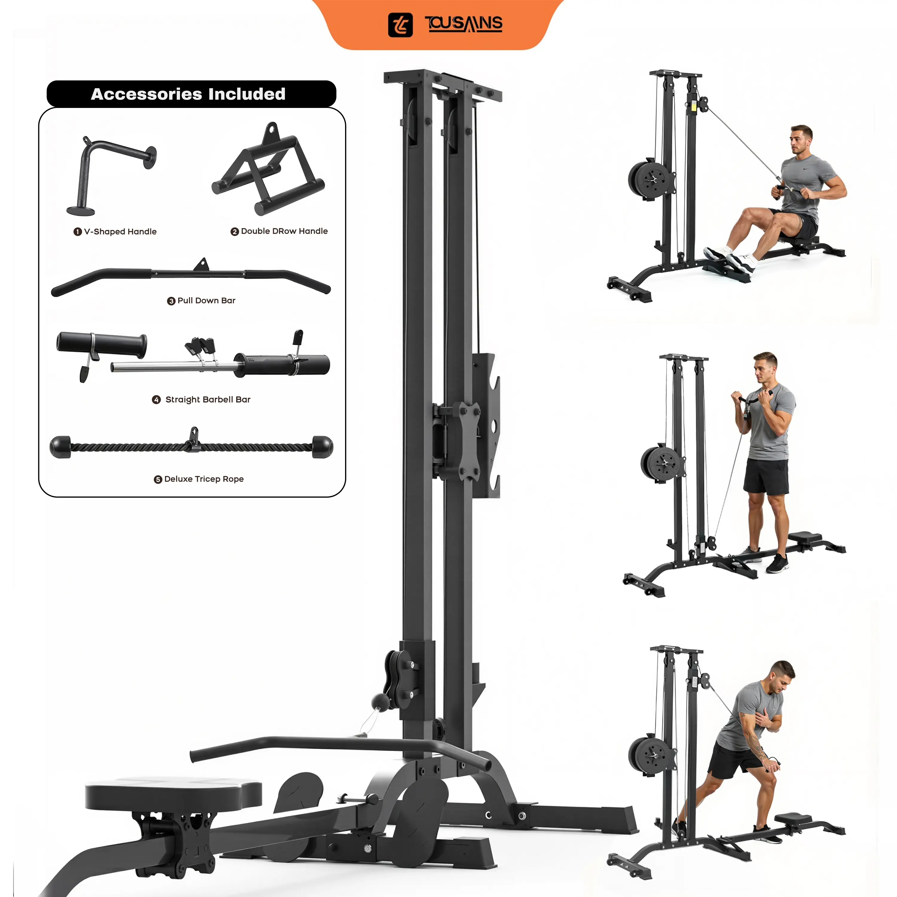 TOUSAINS Foldable Lat Pulldown & Low Row Cable Machine — 330LBS Capacity Foldable LAT Tower for Home Gym, Cable & Row System with Dumbbell Clamps