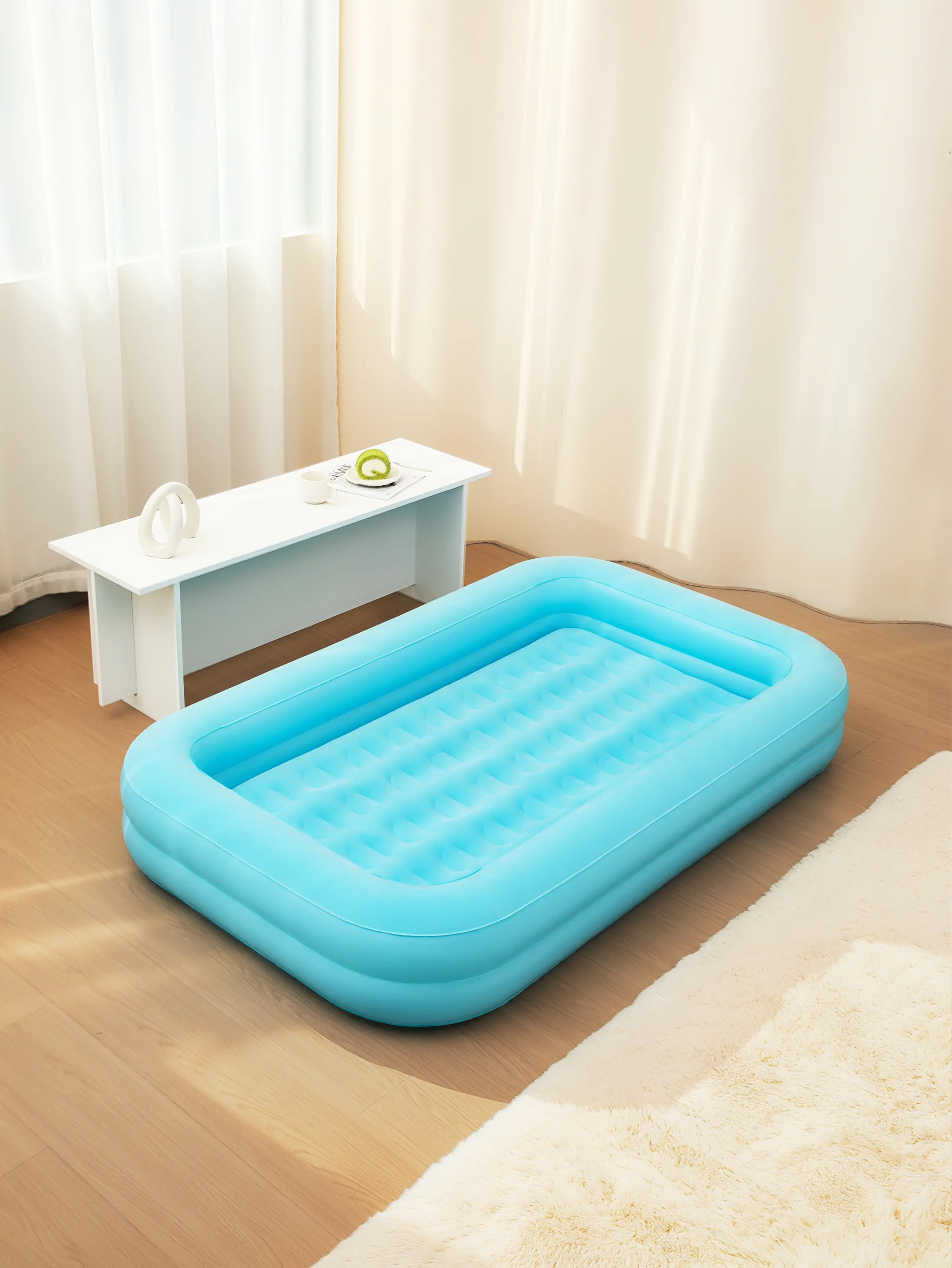 Portable Kids Inflatable Travel Bed - Blow-Up Mattress with Raised Safety Guardrails, Anti-Collision Bumpers, Easy Fold & Store, Fold-and-Go Bag for Toddlers Camping Sleepovers, Blue Trip-Ready Bed