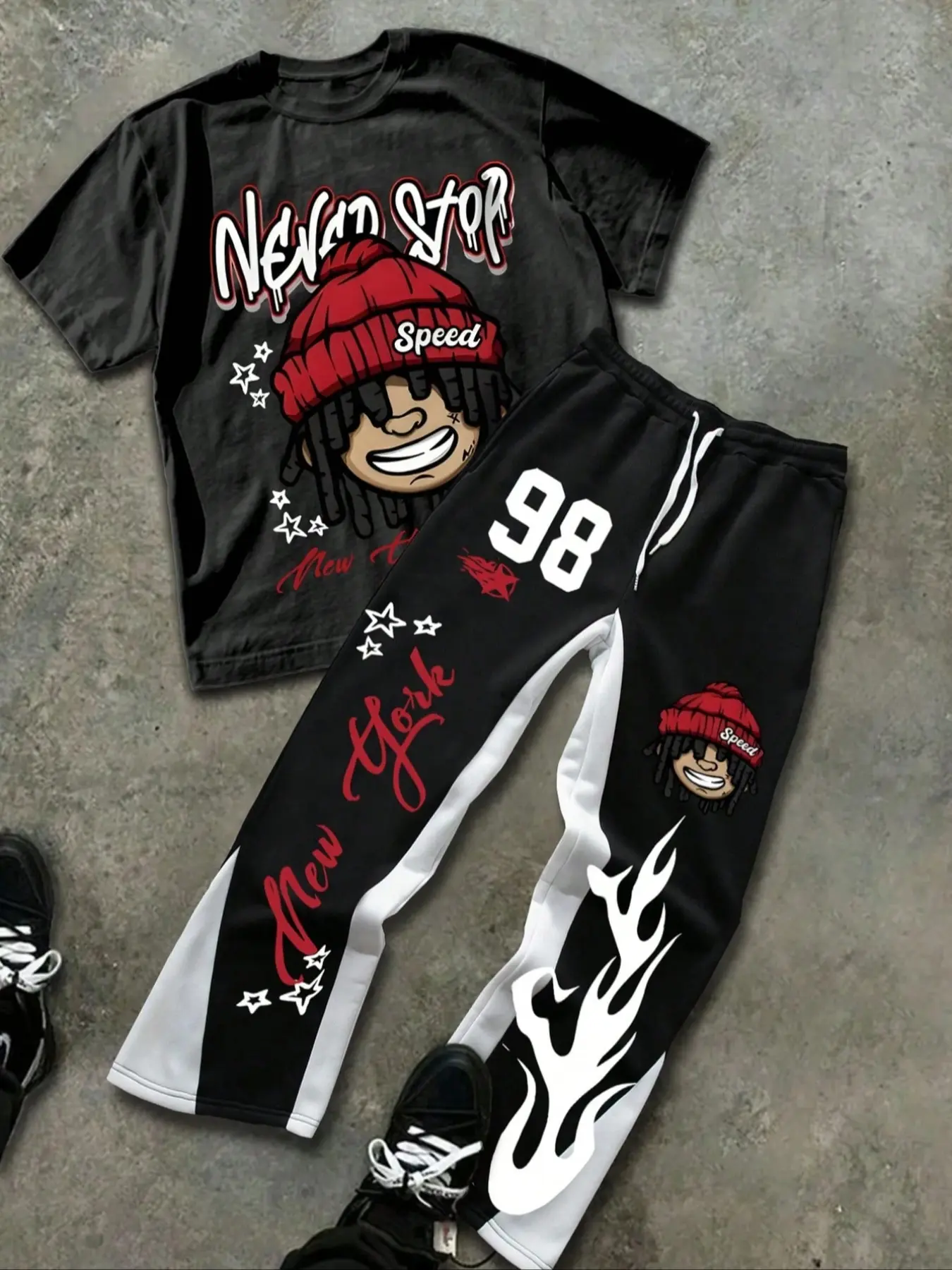 Men's Never Stop Cartoon Print Two-Piece Sportswear Set, Trendy Style for Casual Gatherings, City Running, Young Fashion, Sweatsuit Sets, Active Tracksuit, Streetwear Tracksuit, Jogging Set