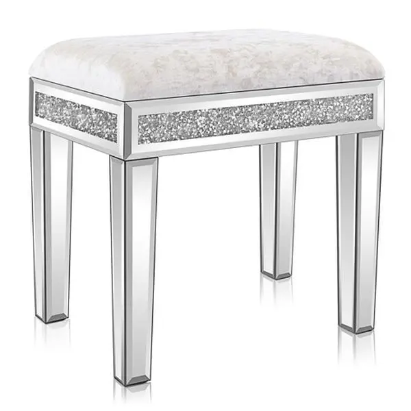 Silver Rhinestone Upholstered Vanity Stool - Modern Mirrored Look, Comfy Velvet Seat for Bedroom Indoor Furniture, Upholstered Stools