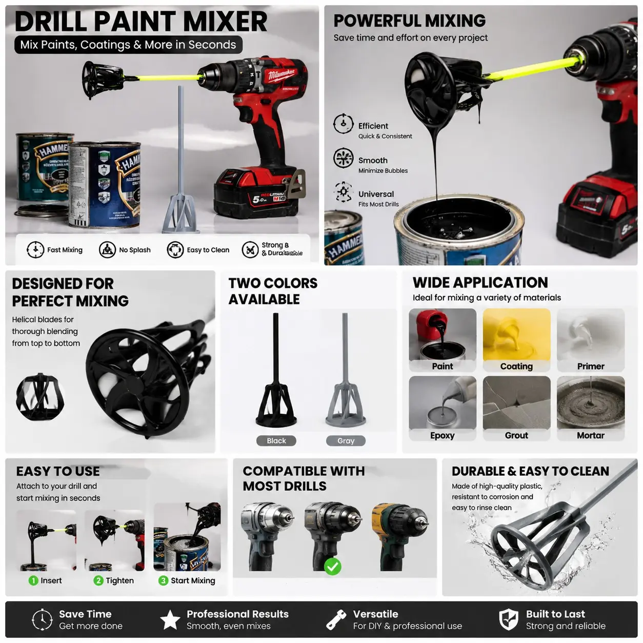 Electric Drill Paint Mixer Attachment, Fast Smooth Universal Stirring Tool, Versatile, Ideal for Paint Coatings, Epoxy, Primer, Efficient Mixing Solution, Plastic