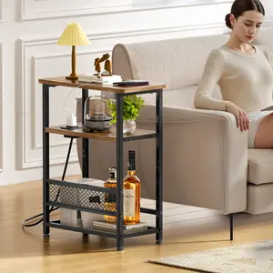 Flycity Side Table with Charging Station,2-3 Tires Narrow End Tables with USB Ports,Shelves & Magazine Rack for Small Spaces Furniture Living Room Storage Modern Nightstand Bedside Cabinet