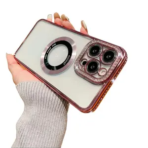Luxury Magnetic Wireless Phone Case with Shining Diamond Rhinestones for iPhone 11 12 13 14 15 16 17 Pro Max/Plus | Protective Casing