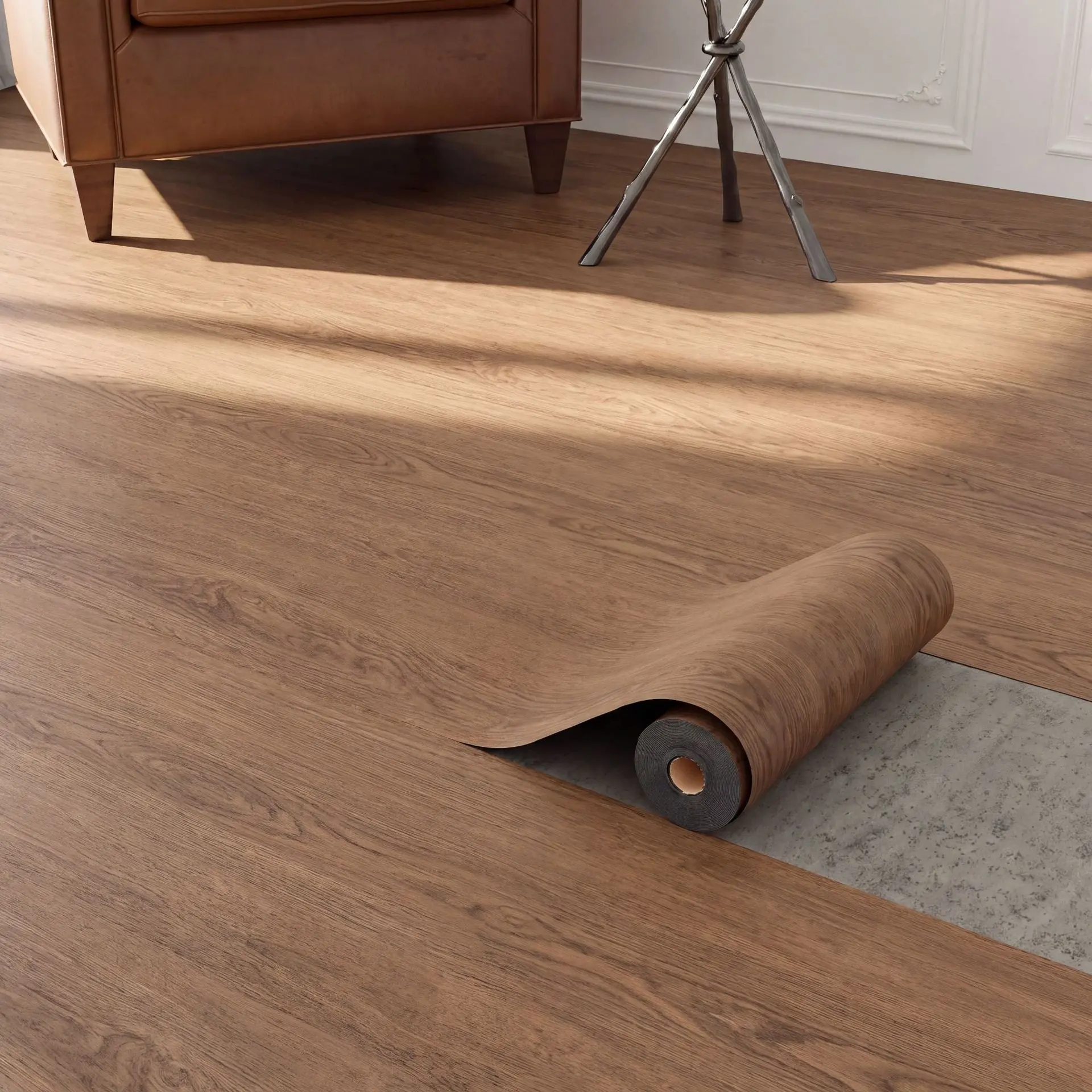 Peel & Stick Vinyl Flooring Roll - 12.9 Sq Ft Rectangular, 3D Depth Effect Textured Wood Look, Water-Resistant DIY Self Adhesive Floor Stickers for Home Decor Countertops, Peel & Stick Floor Stickers