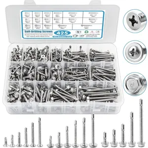 410 Stainless Steel Self Tapping Screws for Metal,#8#10 Self Drilling Assortment Set, 425 count Truss, Hex & Flat  Sheet Metal Screws, Length 1/2" to 2"Quesear