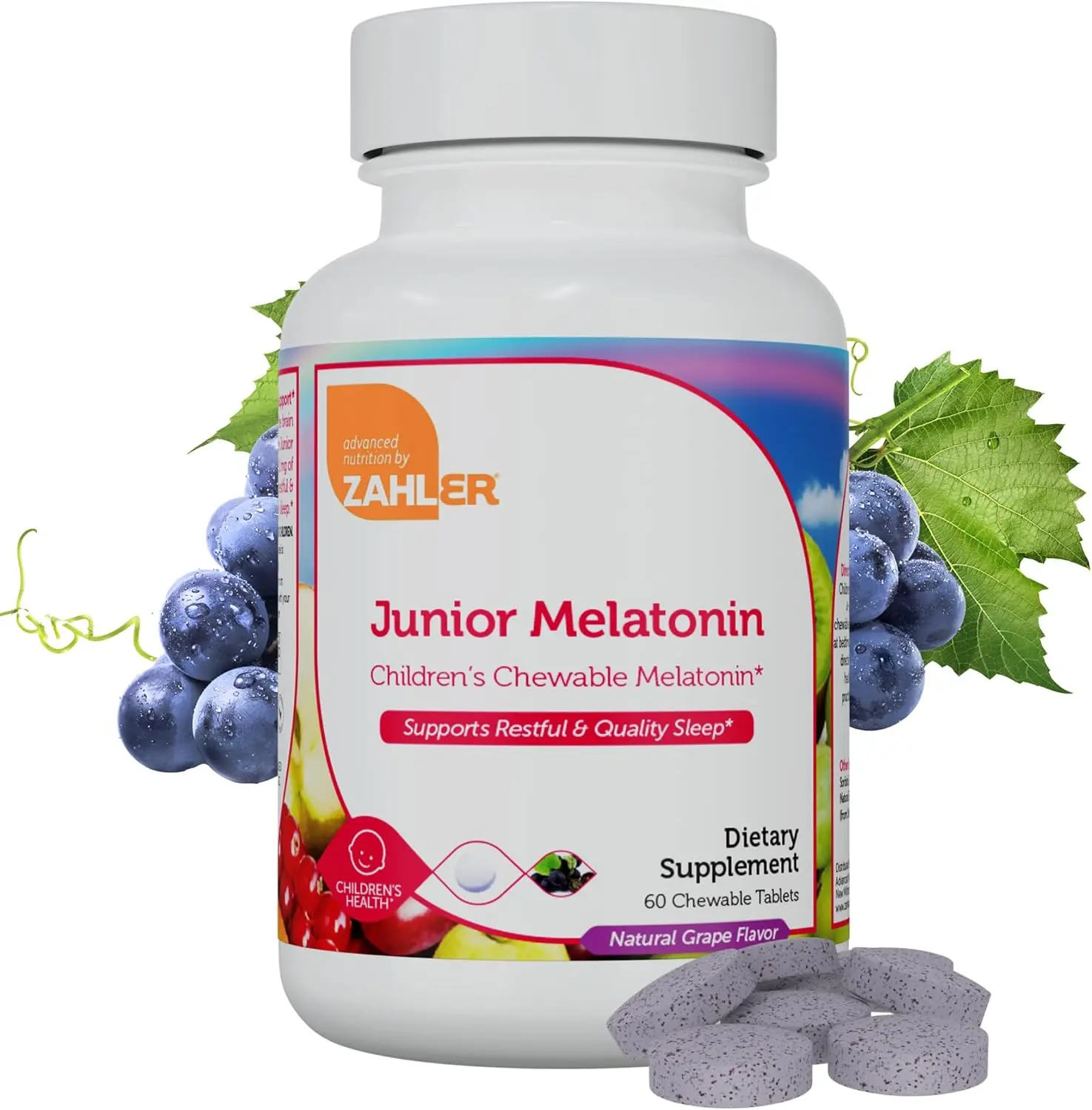 Zahler Junior Melatonin - 1 mg Melatonin Tablets for Kids - Natural Grape Flavor - 60 Chewable Tablets - Supports Restful & Quality Sleep - Healthcare Supplement for Dietary & Fitness Use
