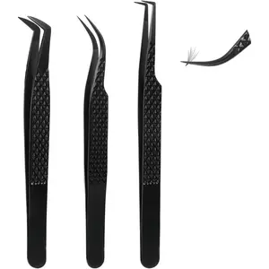 Lash Tweezers for Eyelash Extensions,Fiber Tip Tweezers Kit for Individual Classic and Volume Lash,3PCS Stainless Steel Lash Tweezers-Black