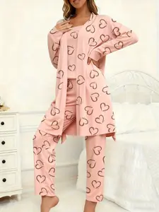 Women's Heart Print Halter Top Long Pants & Long Sleeve Tie Sleep Robe Set, Comfortable Casual Pajamas, 4 Piece Set, Loungewear Nightwear, Fashion Sleepwear, Soft Sleepwear Loungewear