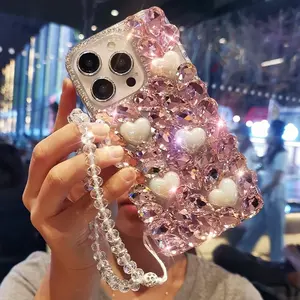 Pink Crystal Heart Full Diamond Phone Case For iPhone 17/16/15/14/13 Pro Max, Luxury Crystal Lanyard Protective Cover, Accessories