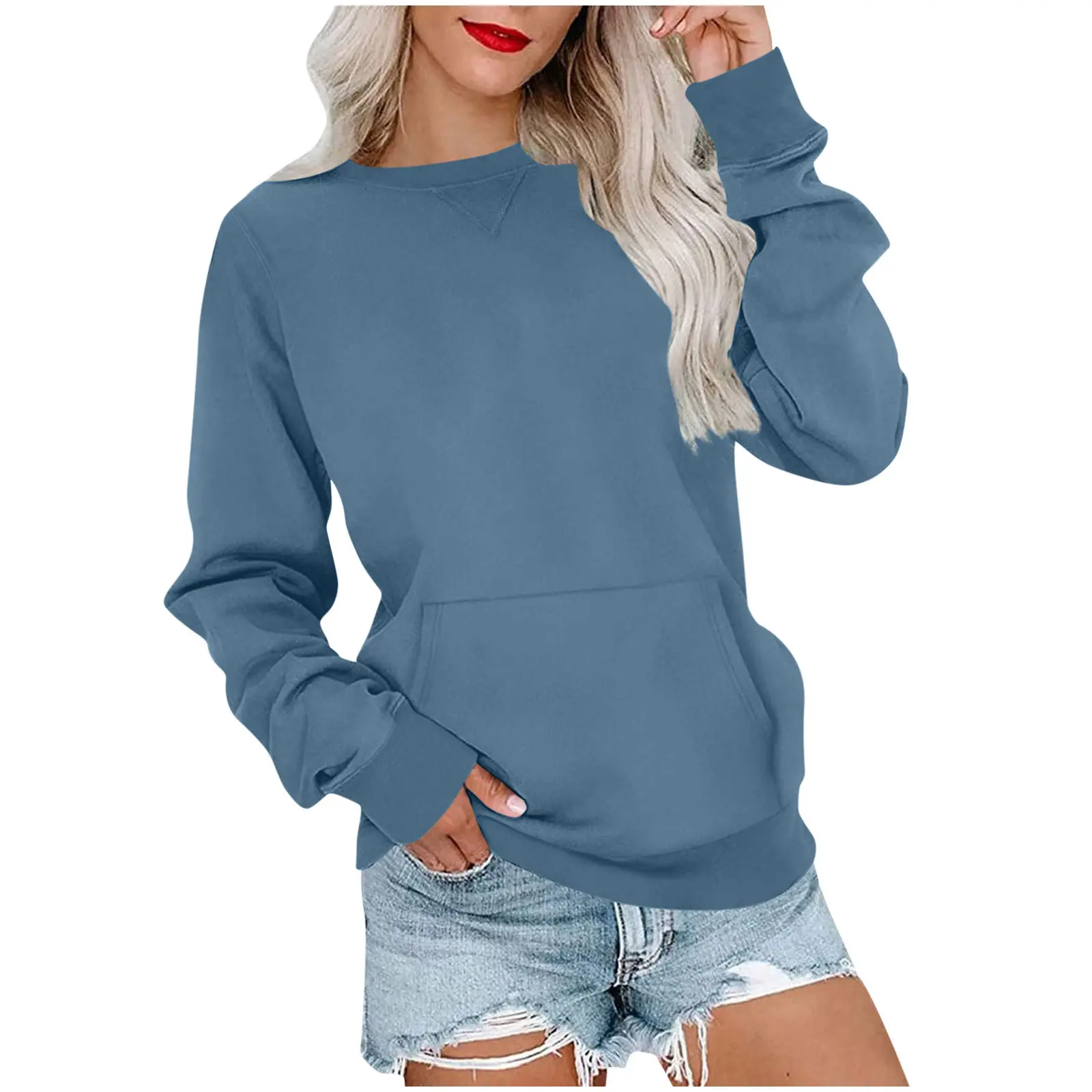 Women's Crewneck Hoodless Sweatshirt Hoodless Sweatshirt with Kangaroo Pocket Fleece Long Sleeve Oversized Casual Style Shirt Hoodie Solid Pullover Lightweight Loose Tops