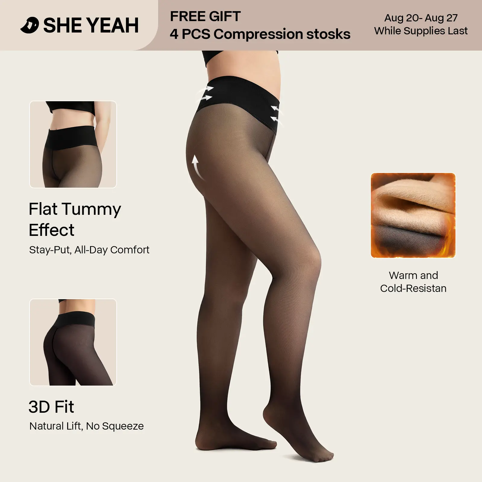SHE YEAH Women's Fleece-Lined Compression Tights - Winter Wear, Invisible Thermal Pantyhose, Closed Feet, Snug Fit, Multi-Size XS-XL, 4 Nude Shades