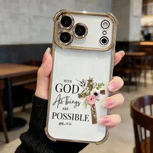 With GOD All Things Are Possible Phone Case for iPhone 17 17 Pro Max Air 16 16 Pro Max Plus 15 15 Pro Max Plus 14 14 Pro Max Plus 13 12 11 Christian Faith Cross Floral Pattern Soft Silicone Shockproof Protective Cover Gift DDSJ260404003 cute