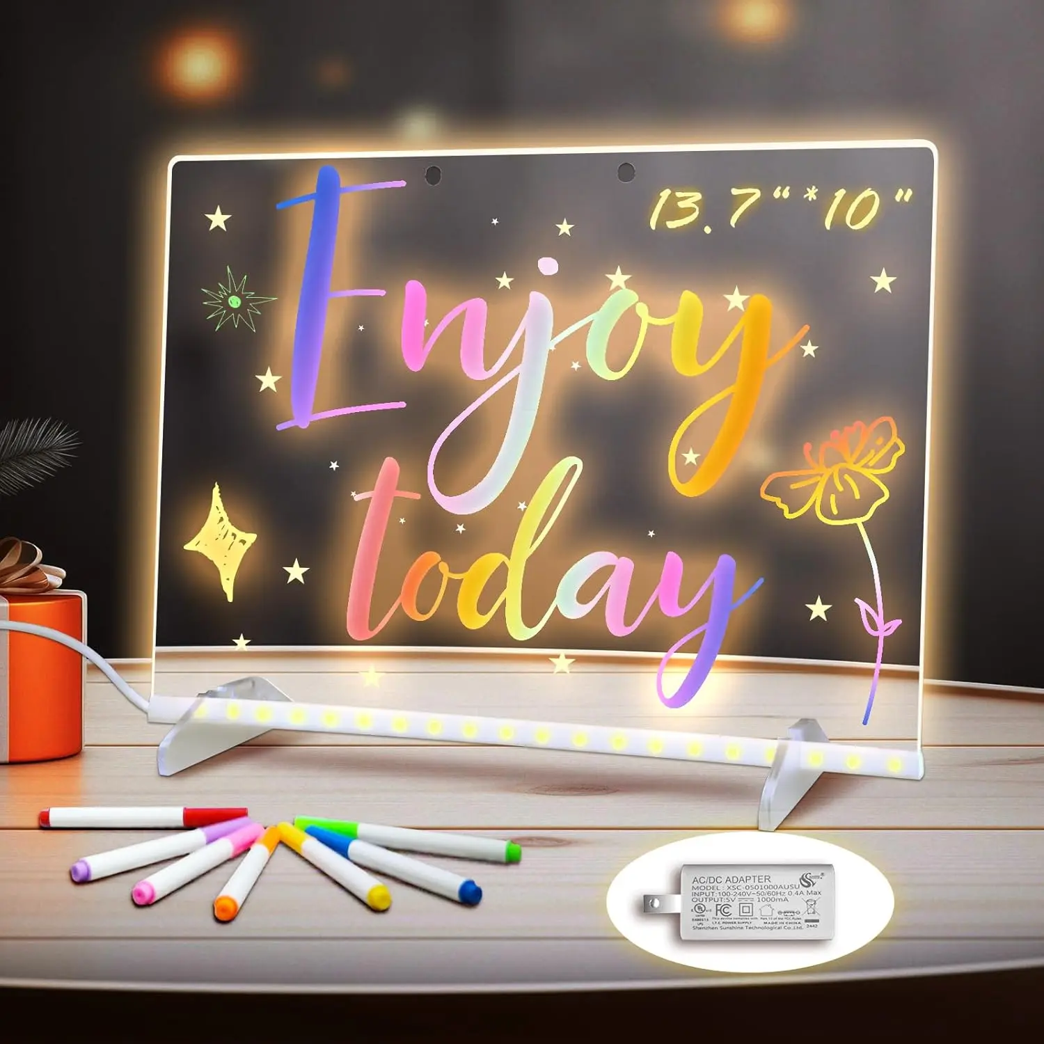 Luminous Board Erasable Hangable Graffiti Handwriting Drawing Board Advertising Fluorescent Board Acrylic 30x20cm with LED Light & Markers