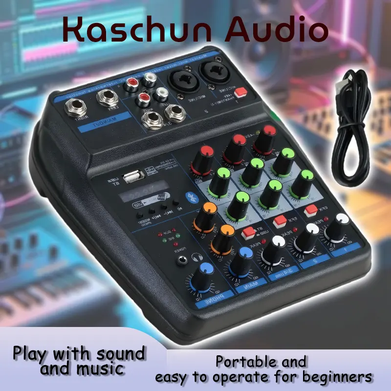 Kaschun Compact 4-Channel Audio Mixer with 48V Phantom Power, USB Sound Card, Microphone Compatibility, Karaoke System for Live Streaming & Content Creators