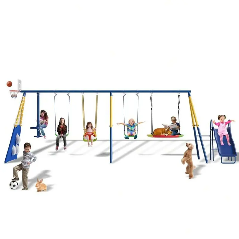 8 In1 Backyard Swing Set for Kids| Heavy-Duty Metal Playset 550lbs Capacity with Slide, Saucer Seat, 2 Belt Seats, Soccer Goals, Glider, Baby Swing & Basketball Hoop| Outdoor Toddler Playground TikTok Viral