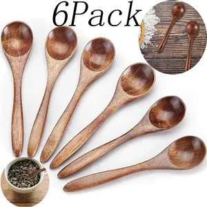 6 Pack 5.3 Inch Handmade Wooden Spoon Set,Sturdy Small Wood Teaspoons for Stirring Coffee, Serving Food & Cooking, Versatile Wooden Utensils Ideal for Condiments, Honey and Daily Kitchenware Use