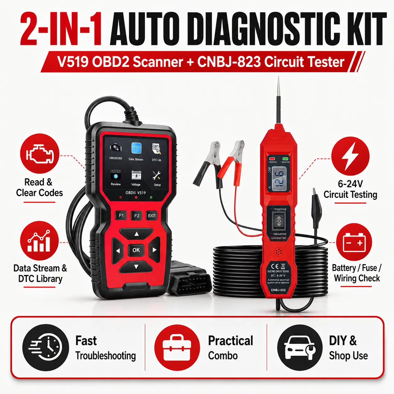 2-Piece Car Diagnostic Tool Set, V519 OBD2 Scanner with Live Data and CNBJ-823 Automotive Circuit Tester for 6-24V DC Systems