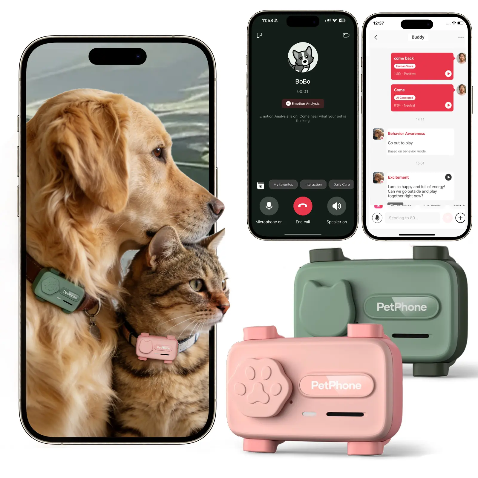 PetPhone for Dogs & Cats – 2-Way PetChat, AI-Powered Pet Sound Analysis, Activity Monitoring, GPS Tracker with Geofencing Alerts, Play Music, 37g Waterproof Smart Pet Tracking Device, Gift for Pet Lovers