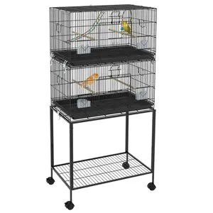 PawHut Double Stackable Bird Cage with Stand, Wooden Swing, Rope Ladder & Wheels for Canaries, Lovebirds Finches, Budgie Cage with Storage Shelf, Removable Tray, Wooden Perches & Food Containers