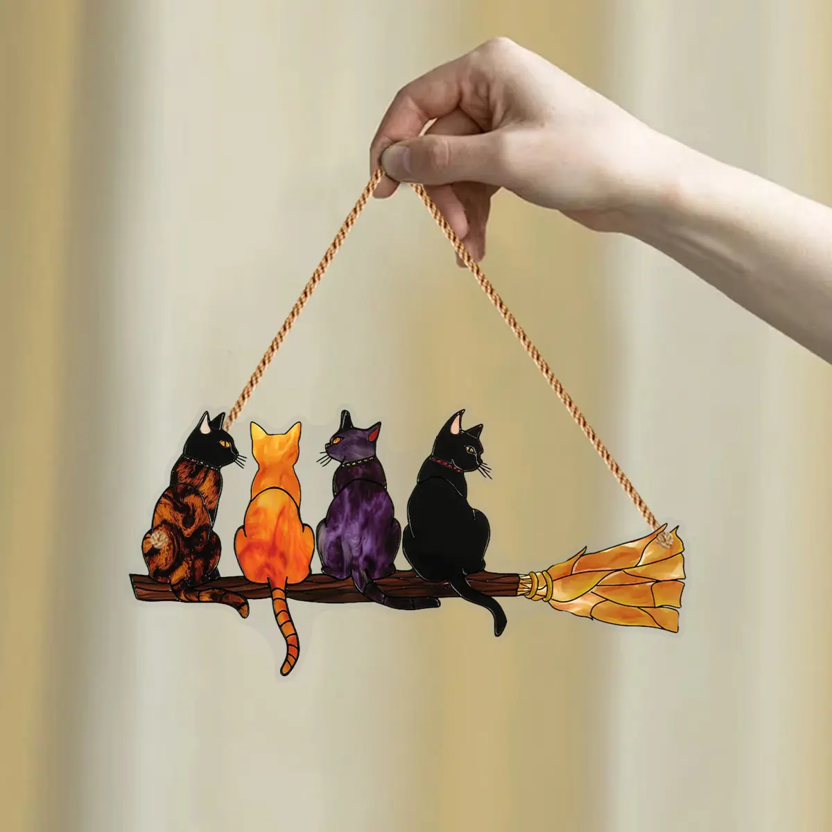Cat Shaped Acrylic Suncatcher Pendant with Broom Design, Acrylic Hanging Ornament, Decorative Hanging Piece, Outside Hanging, Colorful Indoor/Outdoor Hanging Decorations for Garden, Home, No Electricity Required, No Feathers, 2D Flat Artwork
