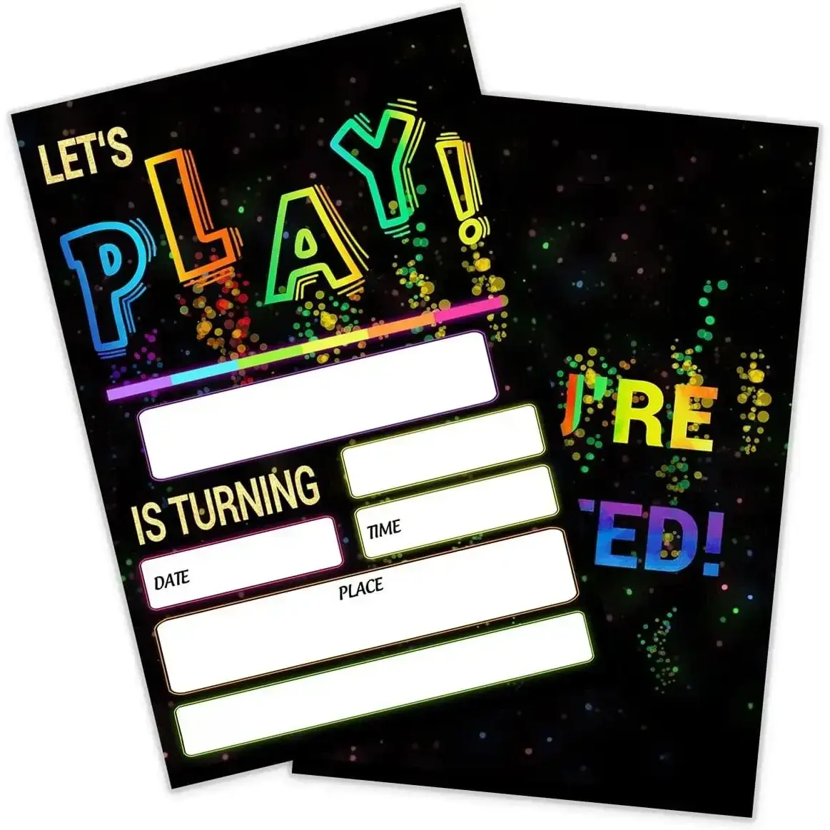 Thickened Double-Sided Neon Theme Birthday Party Invitations - 20 Fun Party Cards with Fill-In Slots & Envelopes for Kids (Office Stationery)