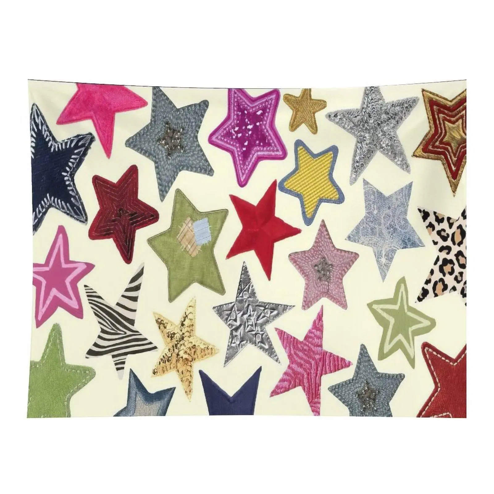 Multi Texture Star Patch Tapestry Mixed Pattern Embroidery Stars Vintage Collage Neutral Aesthetic Room Wall Hanging