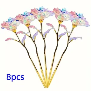 8pcs Artificial Crystal Roses, Transparent Realistic Rose Bouquet for Wedding, Mother's Day, Easter, Anniversary Centerpiece, Birthday Party Gift