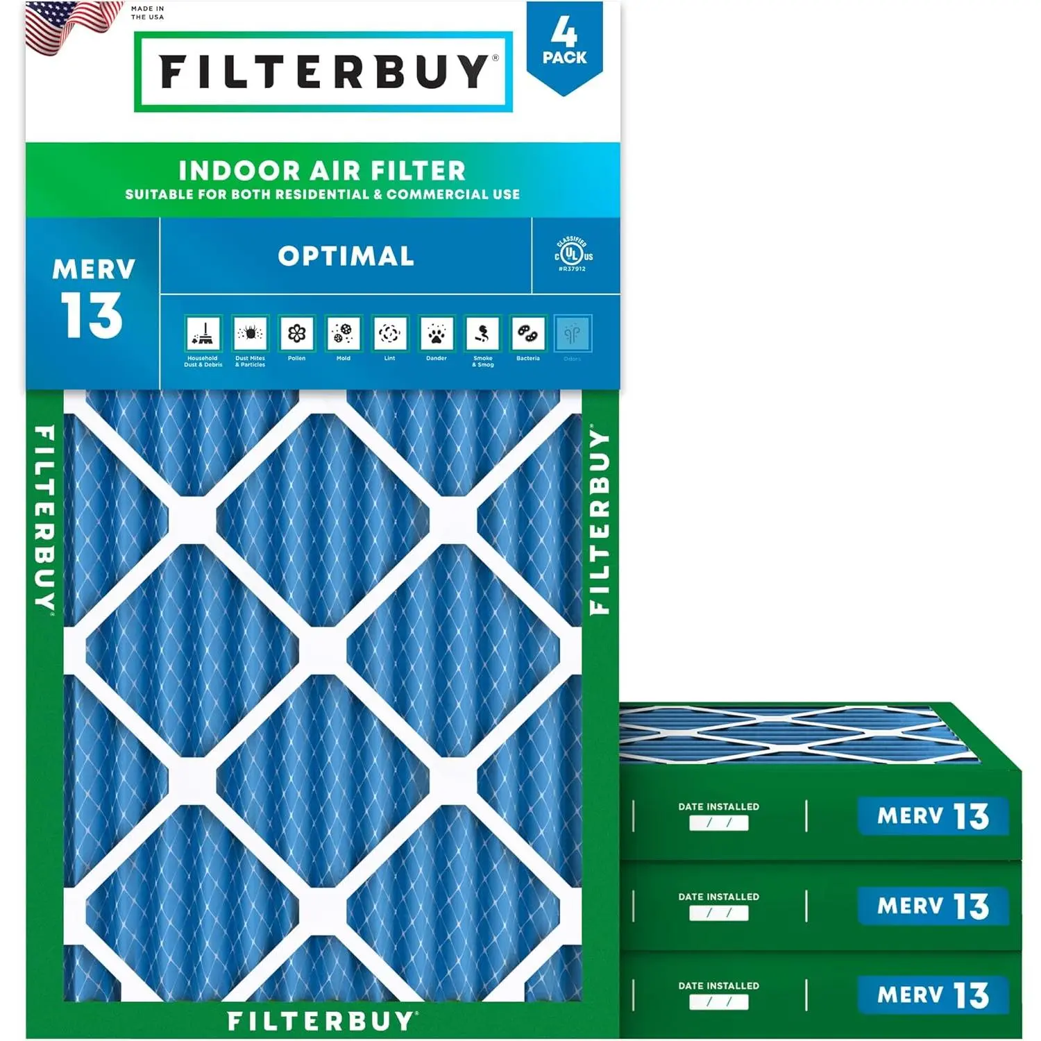 Filterbuy 20x30x2 HVAC AC Furnace Air Filter (4-Pack) - Pleated MERV 13, Electrostatic Charge, Particle Capture, Protects Allergens, Home Improvement, Actual Size 19.75x29.75x1.75 in, Protect, Respiratory Health