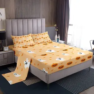 Feelyou Kids Halloween Soft Breathable Bedding Set - Cute Pumpkin Lantern & Ghost Prints, Deep Pocket Fitted Sheet, Queen Bedsheet Sets for Boys and Girls
