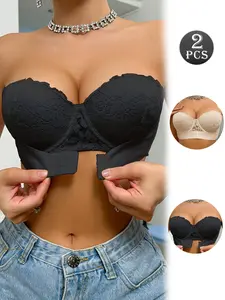 MIMILEMON Women's 2PCS Basic Bohemian Elegance Minimalist Push-up Lace Strapless Underwire Bra, Front Buckle Enhanced Lift, Anti-sagging, Breathable Solid Color, Comfortable & Versatile for Backless Tops, Everyday Use
