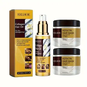 Collagen Nourishing Hair Mask+essential oil combination set, moisturizing and repairing, making hair smooth, shiny and healthy. Suitable for all hairstyle types, scalp nourishment, deep care, smooth texture, sparkling effect, moisturizing formula