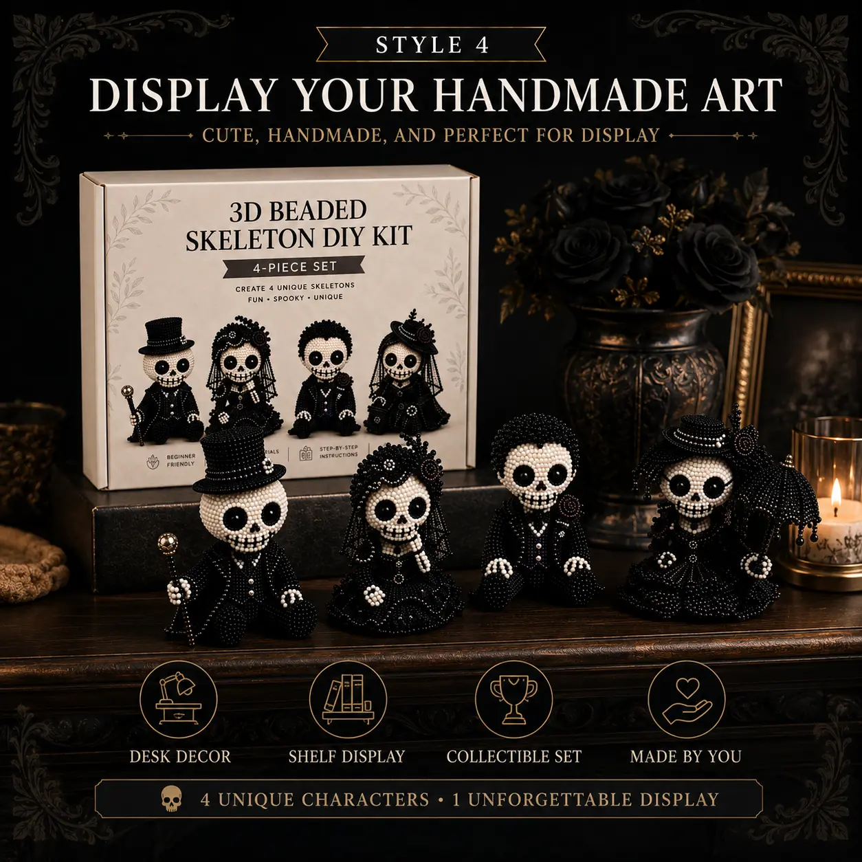 Halloween Handcraft 3D Beaded Skeleton DIY Kit, 4-Piece Skeleton Character Making Set, Craft Activity for Holiday