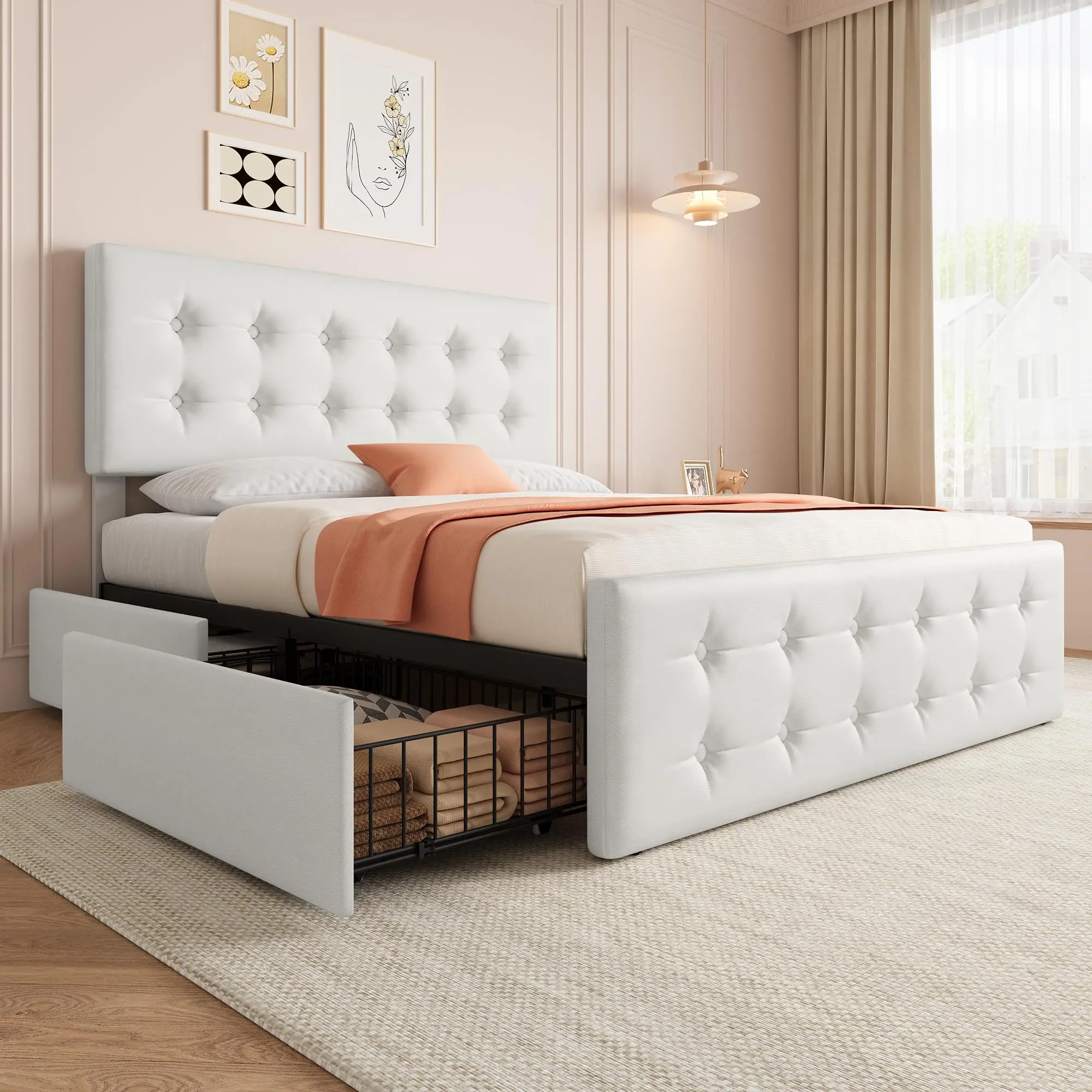 Garvee - Full-size Bed Frame with 4 Storage Drawers and Headboard, Upholstered Platform Bed Frame in Faux Leather with Wooden Slat Support, design with, Bed Frames With Storage