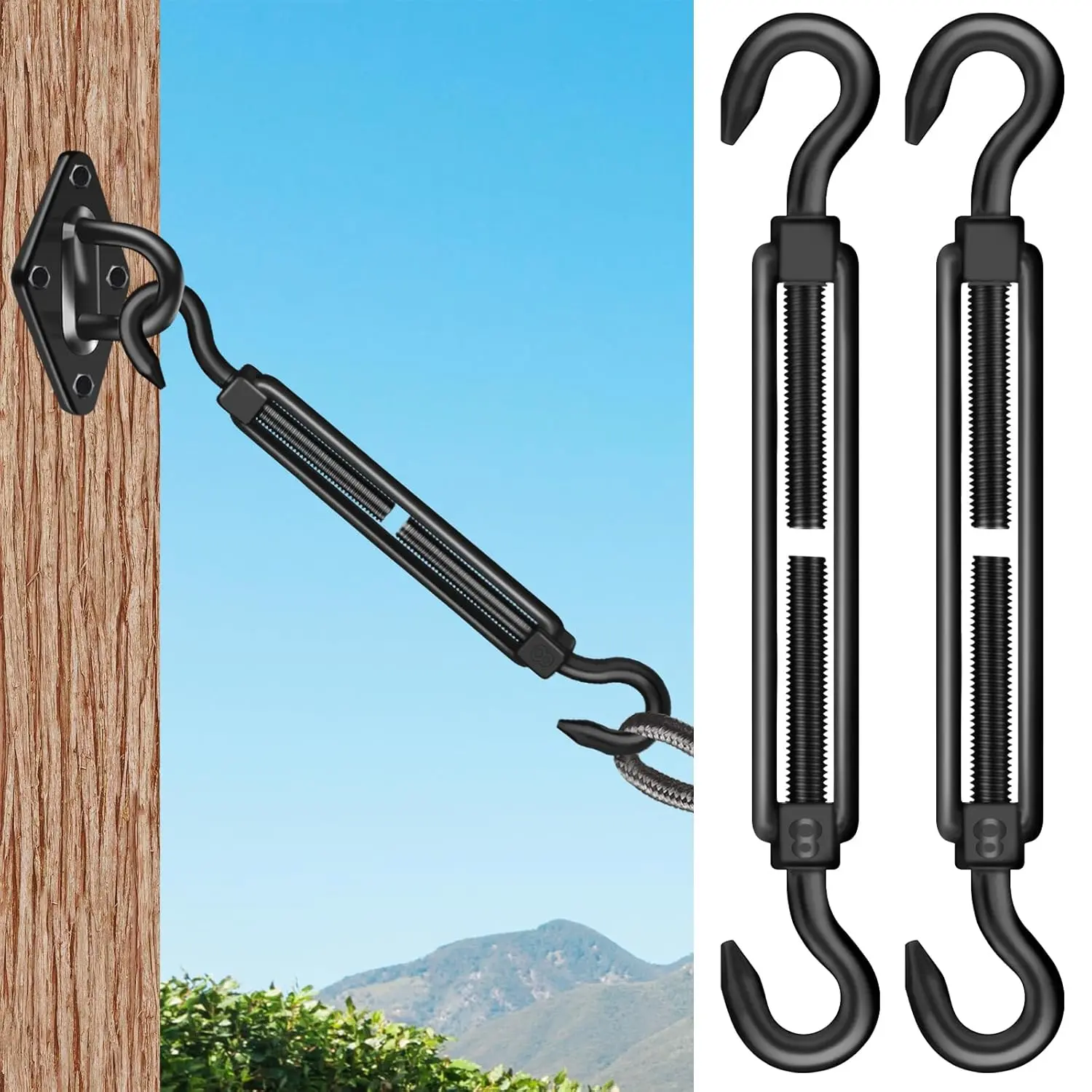 2PCS M8 Hook-Shape 304 Stainless Steel Turnbuckles - Adjustable, Corrosion-Resistant Heavy-Duty Camping Tent Hardware for Wire Tensioning, Outdoor Sun Shade Accessories