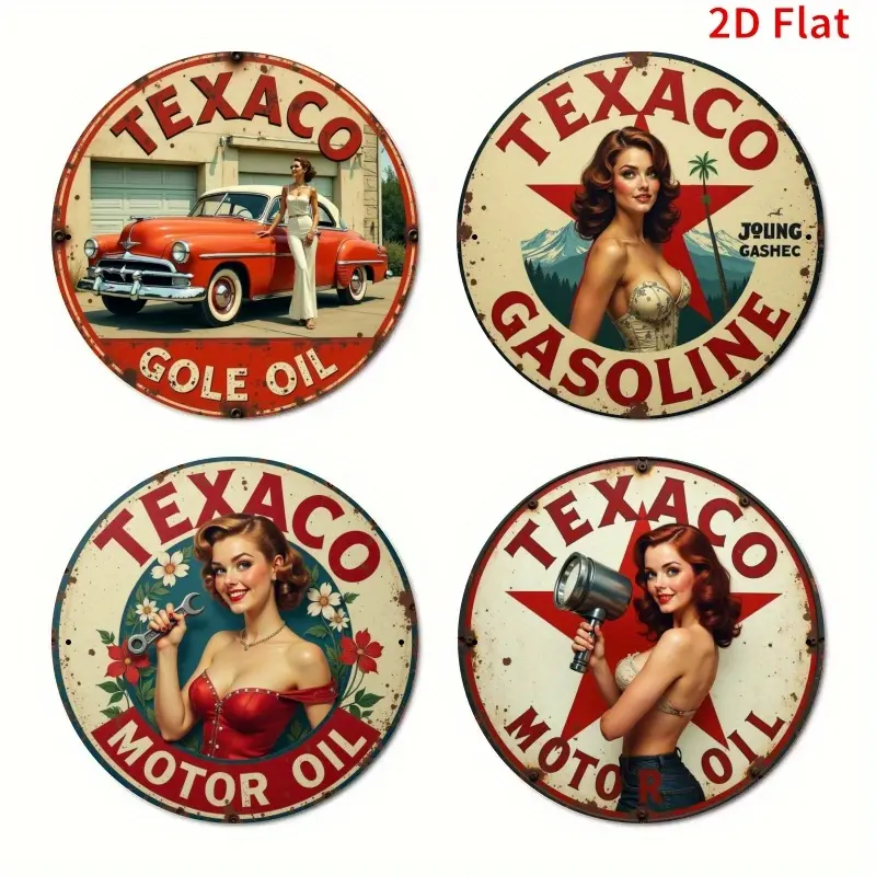4 Pieces Retro Texaco Oil Advertising Metal Sign, Vintage Garage Signs, Home Decor Products, Decorative Plaque, Retro Garage and Home Decoration Wall Art, Round Aluminum Plate with Classic Car and Gasoline Design, Suitable for Room Decoration