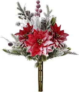 12" Artificial Red Frosted Poinsettia Bouquet - Christmas Flowers for Home, Office, and Tabletop Indoor Winter Holiday Decorations.