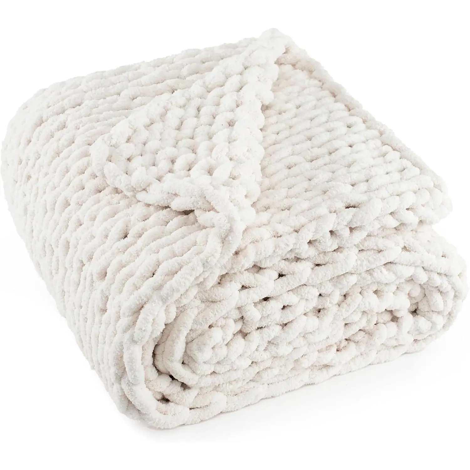 Cream White Solid Pattern Modern Handmade Chenille Throw Blanket - 50"x60", 4.4lbs, Thick Cable-Knitted Knotted Rope, 100% Chenille Yarn, Durable, Breathable, Reversible, Machine Washable, Ideal for Couch/Sofa, Birthdays for Family/Friends