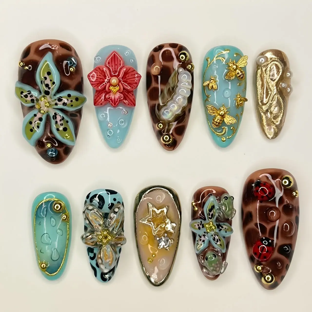 3D Botanical Insect Press On Nails, Orchid Bee Ladybug Caterpillar Nail Art, Turquoise Brown Naturecore Nails, Handmade Garden Statement Nail Set