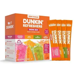 Dunkin Refreshers Singles To Go! Powdered drink mix packets, 40 Ct Variety Pack, 40 Single serve Packets per Box (40 servings), Energy from Green Tea, aspartame-free, no synthetic colors, naturally and artificially flavored, just add water