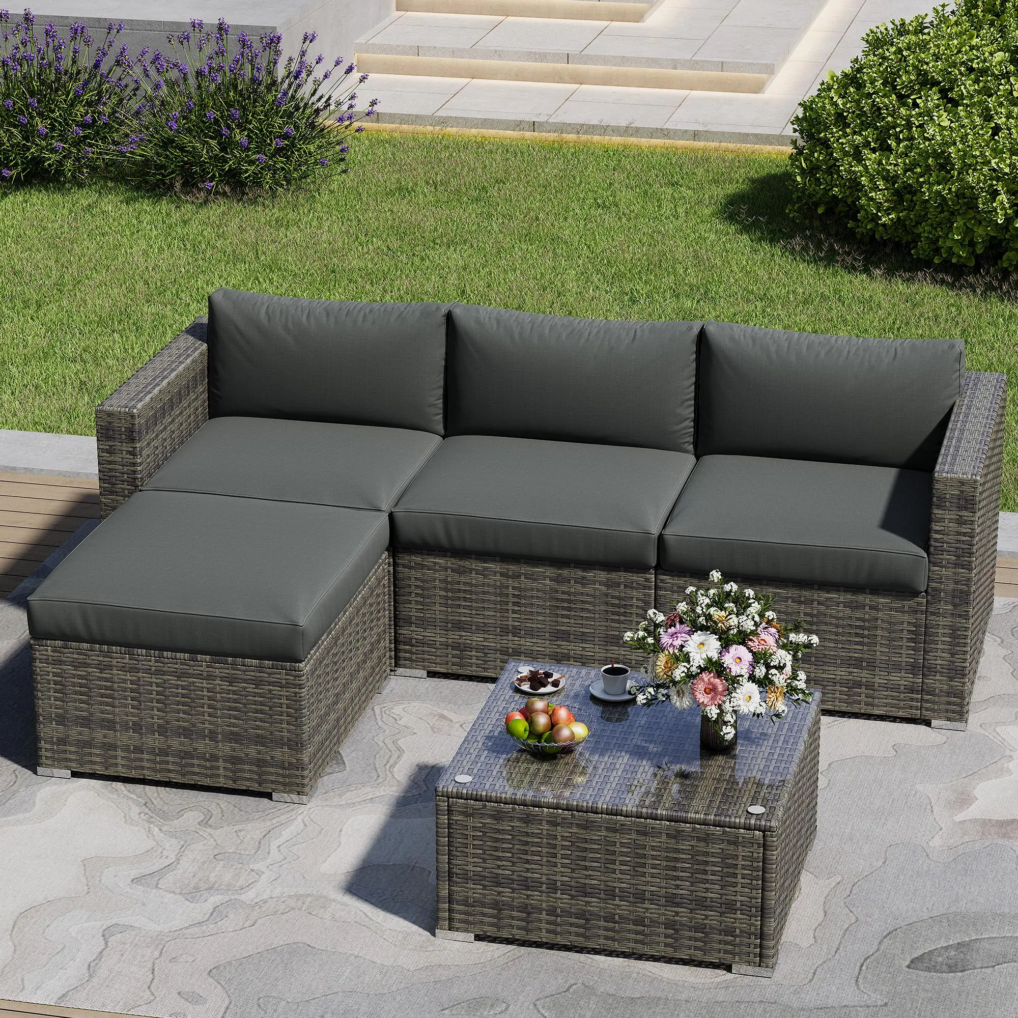 RoyalCraft L 5-Piece All-Weather Wicker Patio Furniture Set, Modular Sectional Sofa Couch with Ottoman and Coffee Table, for Porch, Balcony, Backyard, Patio Furniture Sets