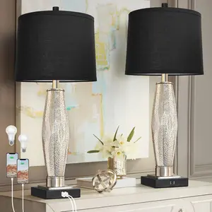 Table Lamps Set of 2, Bedroom Lamp with USB A+C Charging Ports, Modern Glass Beside Lamps for Living Room Rotary Switches, Black Nightstand Lamp Home Lights Decor (LED Bulbs Included)