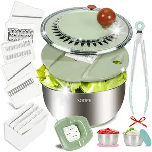 Stainless Steel Salad Spinner Large with 5 Blades Slicer, Lettuce Washer Spinner and Dryer, Vegetable Fruits Chopper Bowl, Egg Yolk Strainer Comes with Dipping Saucers and Clip, 5.3Qt