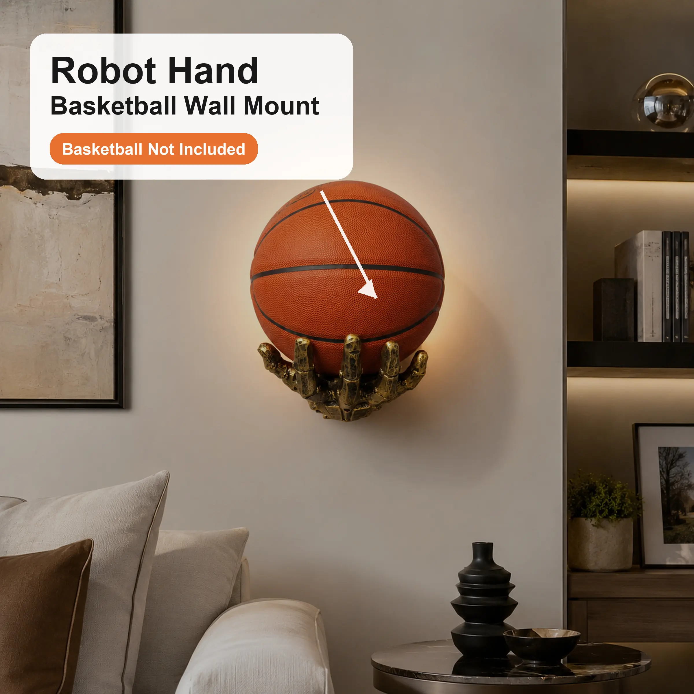 Robot Hand Basketball Wall Mount, Wall-Mount Decorative Display Stand with Display Bases - Cool Resin Art Design, Strong Grip, Game Room Decor, Gift for Sports Fans