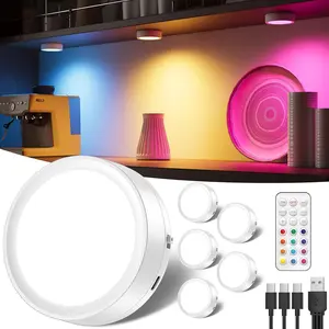 2400mAh USB Rechargeable RGB Puck Lights with Remote, Color Changing Battery Powered Shower Tap Light Classroom Magnetic Push Light Stick On Closet Lighting Wireless LED Shelf Lights Bathroom Kitchen Counter Under Cabinet Touch Lamp