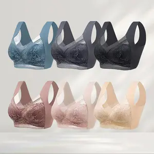 【6PCS】Women's Contrast Lace Hook & Eye Front PushUp Bra, Soft Comfortable Elegant BreathableWireless Lingerie Top for Daily Wear, Bra PackWomen's Lingerie for All Seasons Basic Minimalist