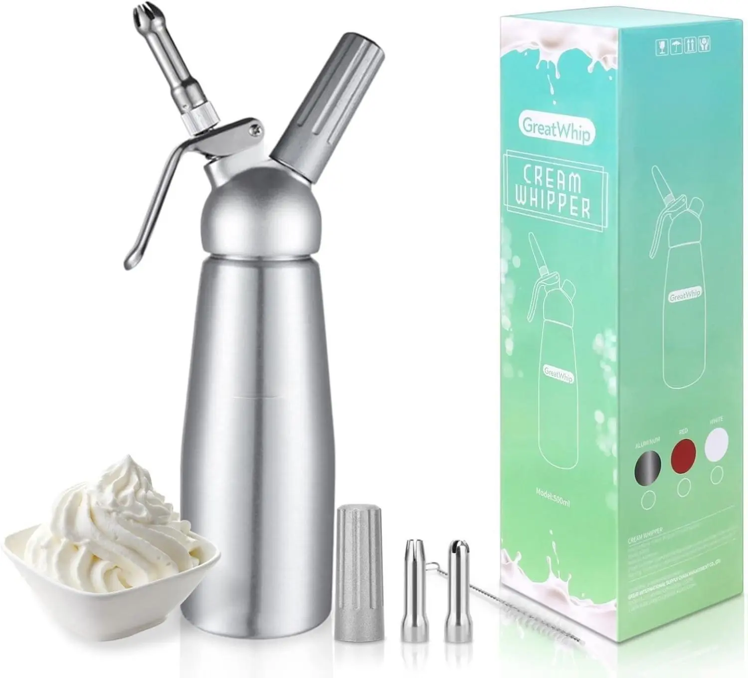 GreatWhip Sturdy Heavy-Duty Aluminum Whipped Cream Dispenser (500ml) with 3 Stainless Steel Nozzles, Tulip & Star Tips, and Cleaning Brush