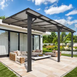 AECOJOY Adjustable Height Outdoor Gazebo Pergola,Large Wall-Mounted 8.1-9.8 Ft Hard Top Lean to Metal Heavy Duty Metal Awnings Shelter Pergolas Patio Canopy