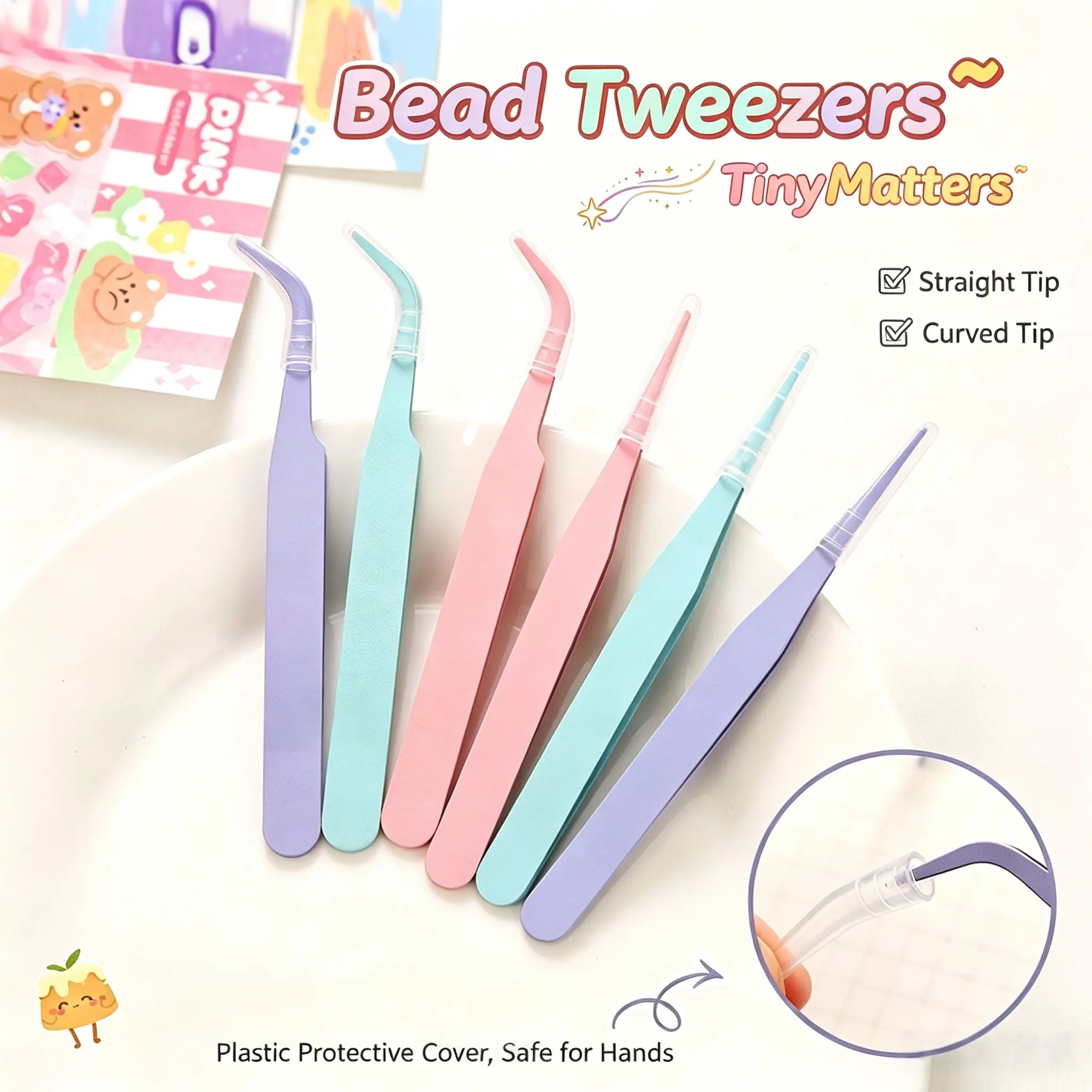 Curved Precision Tweezers, Professional Pixel Art Craft Tool for DIY Perler Bead Creations, Plastic Handle